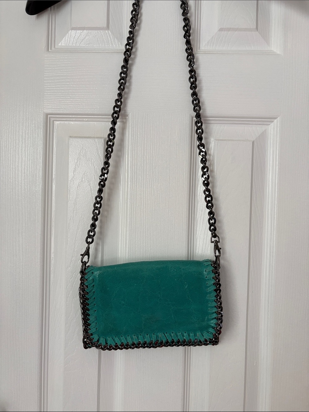 Teal Suede Chain-Trim Crossbody Bag